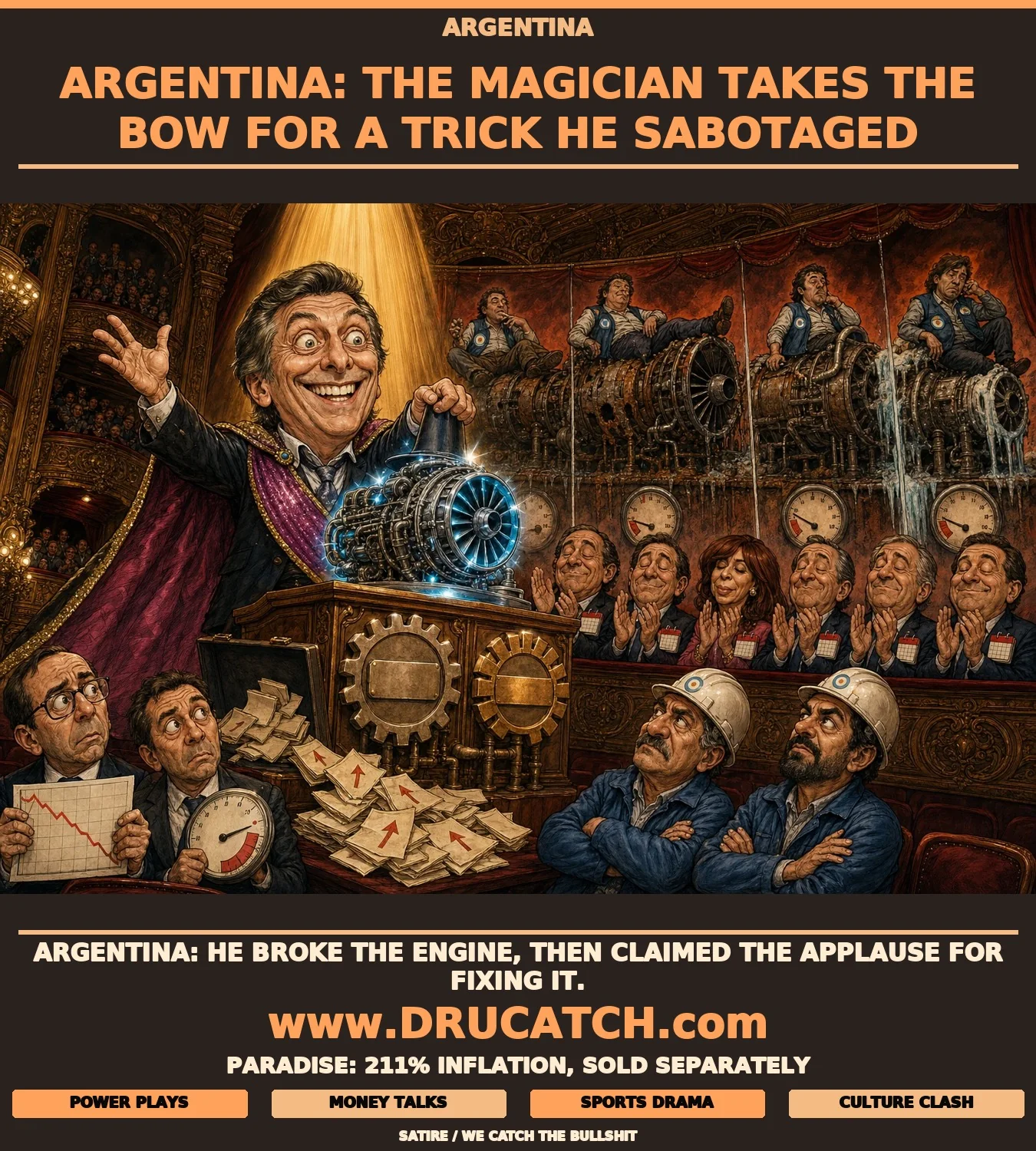 Argentina: Credit Without the Receipts Editorial cartoon of an Argentine political magician pulling a gleaming turbine from a top hat at a campaign rally, while a mural behind him shows the same machine rusting under his four-term watch and engineers below do the unacknowledged repair work.