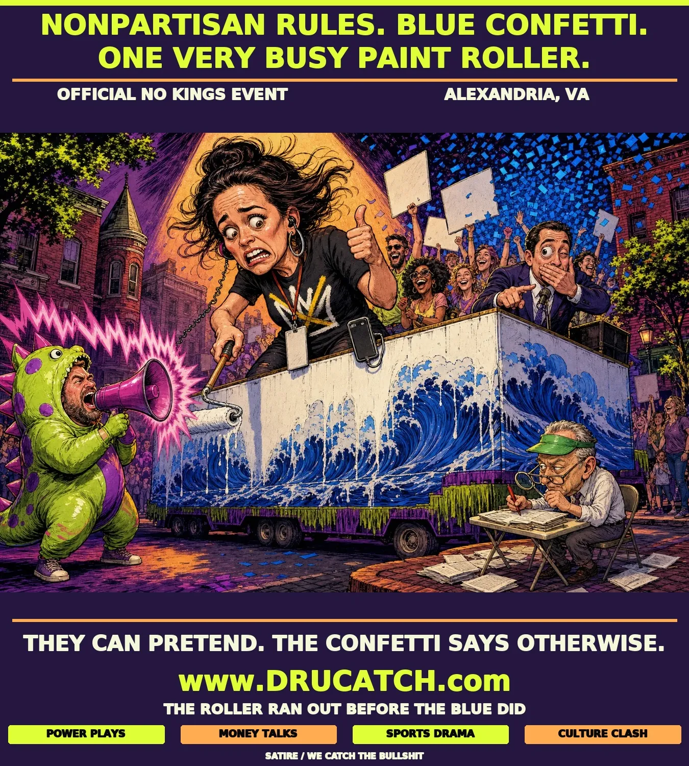 Editorial cartoon of a frazzled protest organizer trying to paint over a blue wave mural on a parade float while protesters throw blue confetti around her