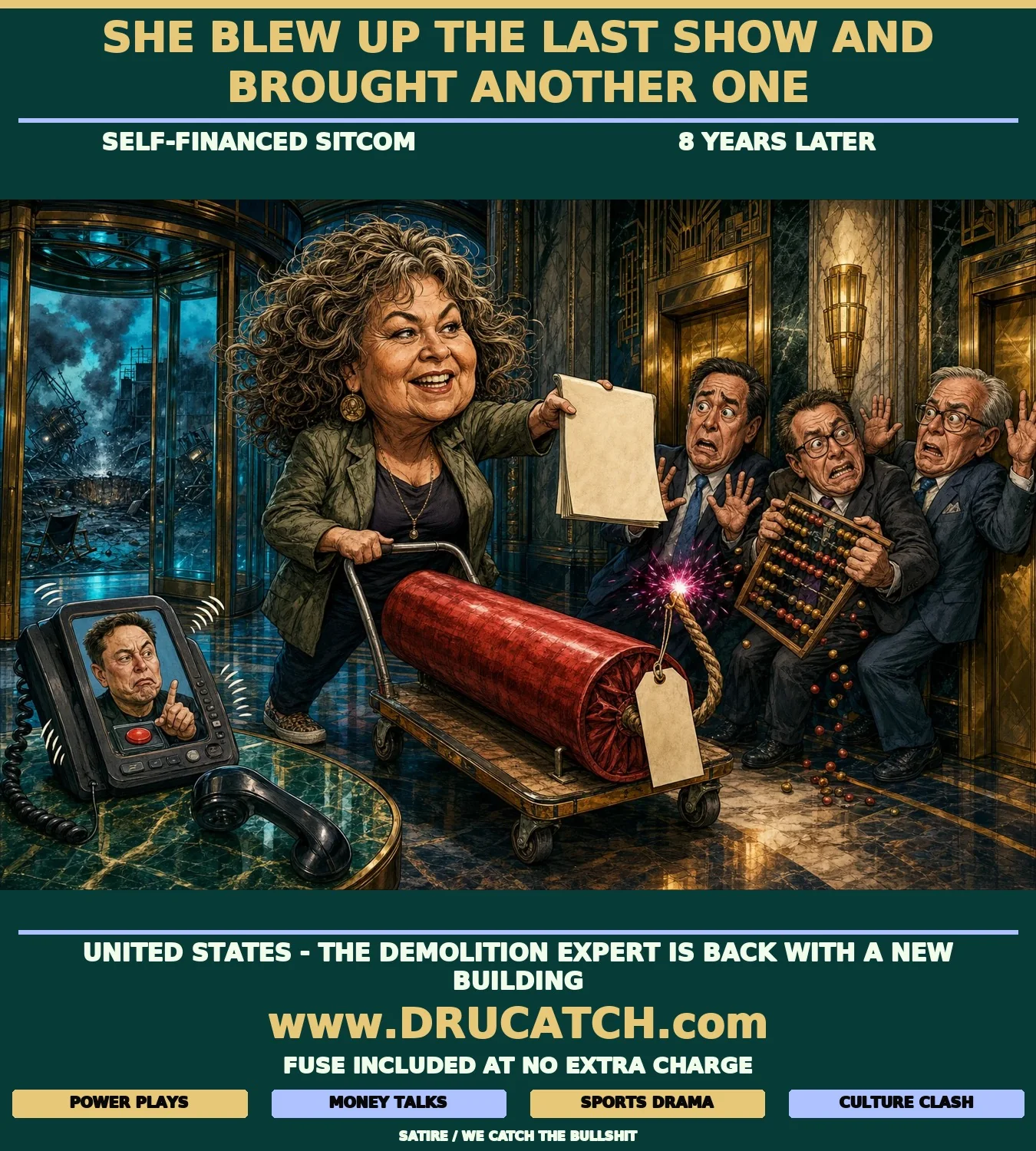 Editorial caricature of Roseanne Barr wheeling a giant lit dynamite stick into a Hollywood studio lobby while terrified network executives press against the walls