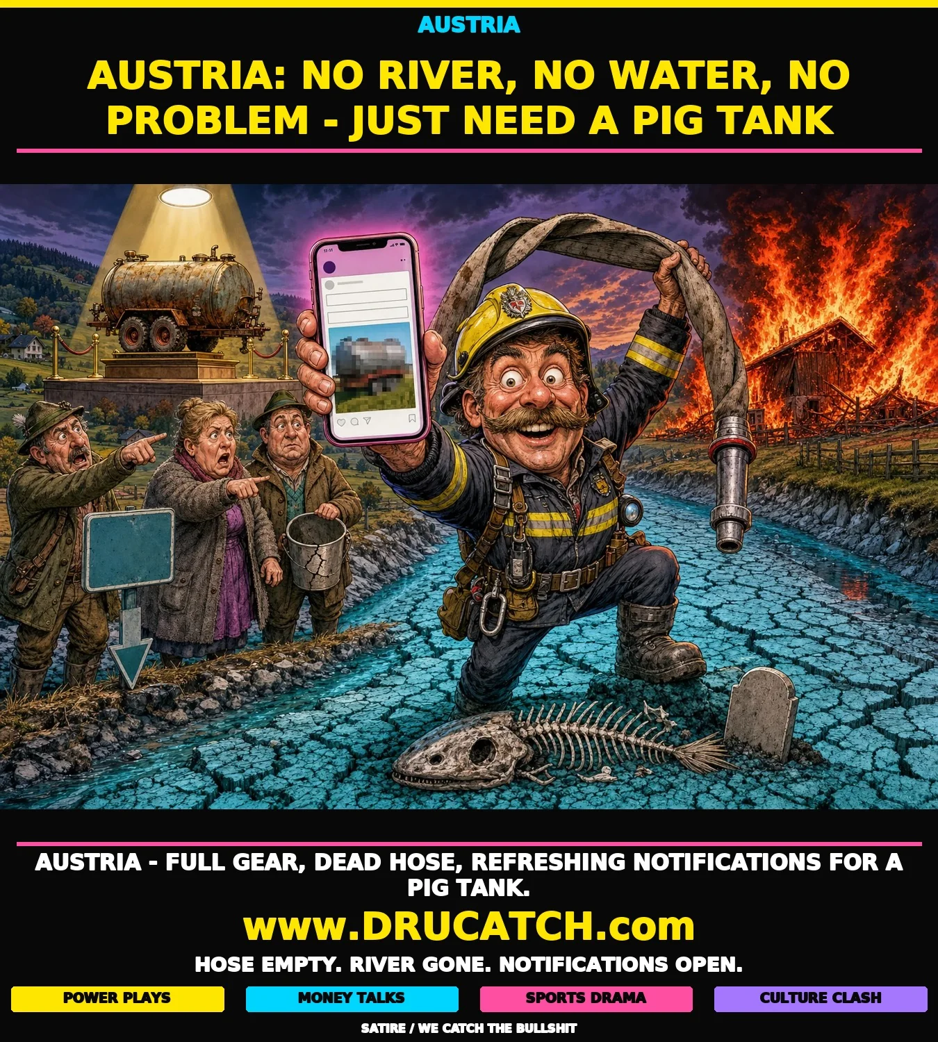 Editorial cartoon of an Austrian firefighter in full gear standing in a dried-up riverbed, holding a limp flat hose heroically while displaying a phone showing a social media appeal for a slurry tank, with a barn fire burning in the background and a rusty slurry tank on a trophy pedestal.