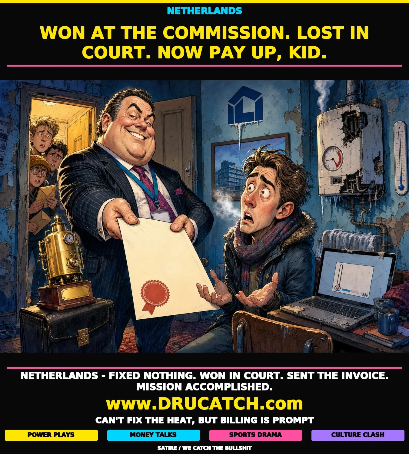Editorial cartoon caricature: a beaming Dutch housing corporation official hands a giant legal-cost invoice to a shivering student in a freezing flat, while a broken boiler leaks cold air on the wall behind them and a barely-funded crowdfunding thermometer glows on a laptop.