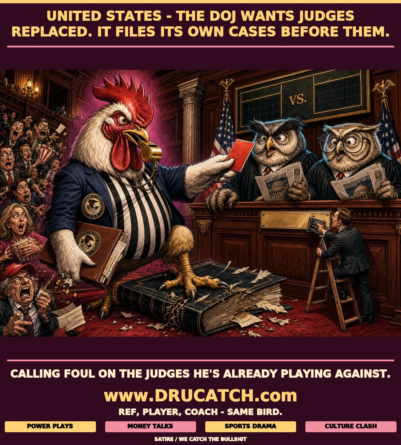 Editorial cartoon of an anthropomorphic rooster in a DOJ blazer and referee jersey blowing a recusal whistle at two caricature owl-judges on a federal bench, while clutching his own case file with the other wing and standing on an open impartiality rulebook.