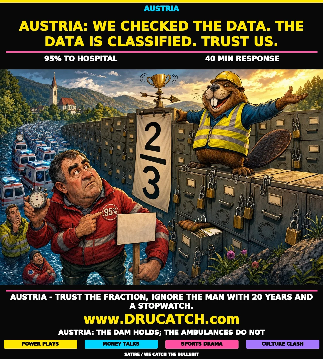 Austria's Health Authority Builds a Dam from Its Own Data Satirical cartoon of an anthropomorphic beaver in a Notruf NÖ hi-vis vest patting a dam built from padlocked filing cabinets while ambulances queue behind it and a First Responder holds a 40-minute stopwatch in the foreground.