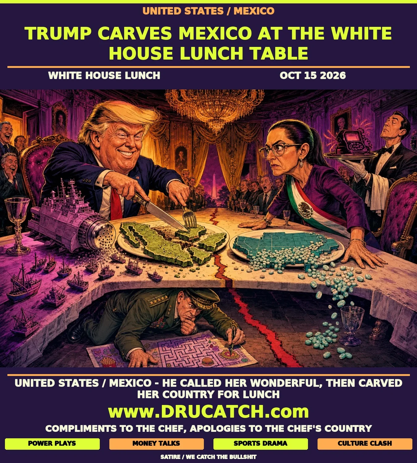 Editorial caricature of Trump carving a map of Mexico like a dinner plate at a White House table while Sheinbaum slams her hands down in protest, her own plate overflowing with fentanyl pills