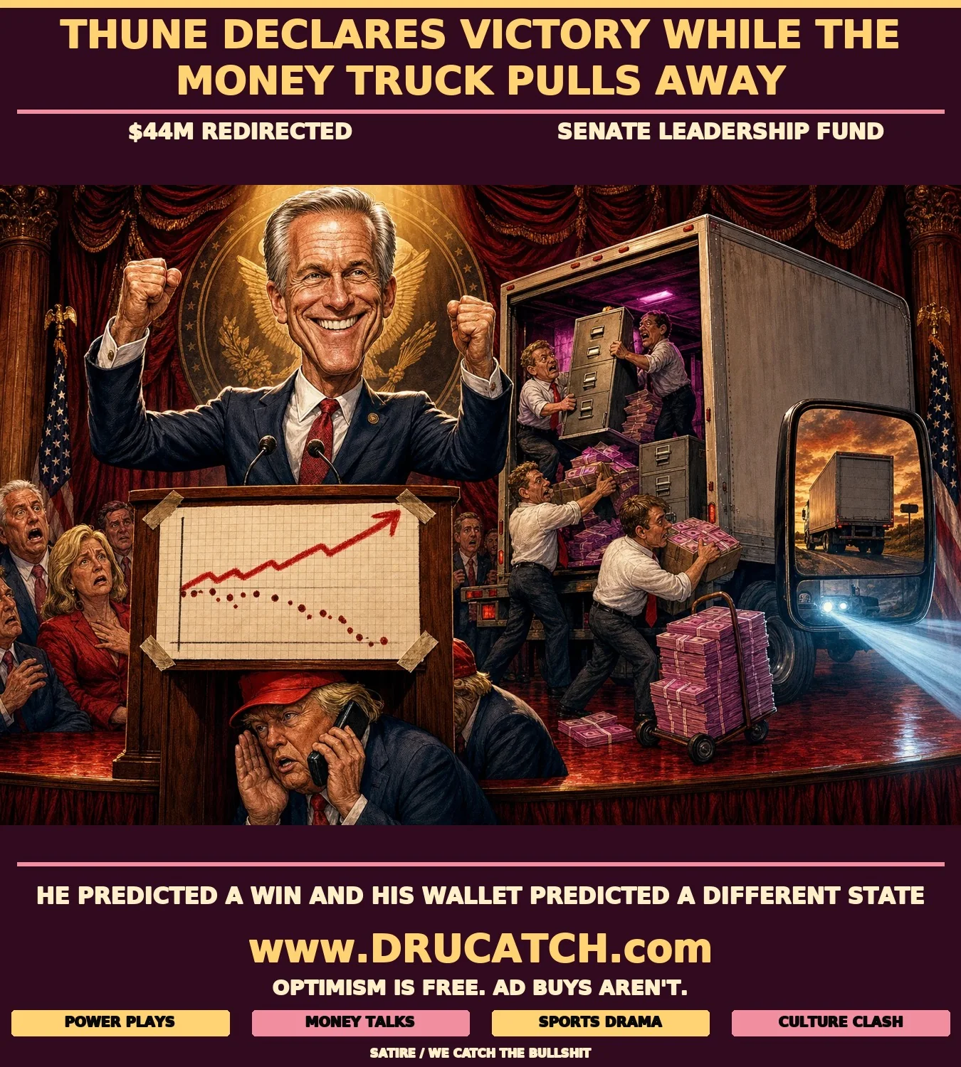 Editorial caricature of John Thune pumping his fists at a podium while staffers behind him load cash and campaign supplies into a moving truck driving away from Republican headquarters.