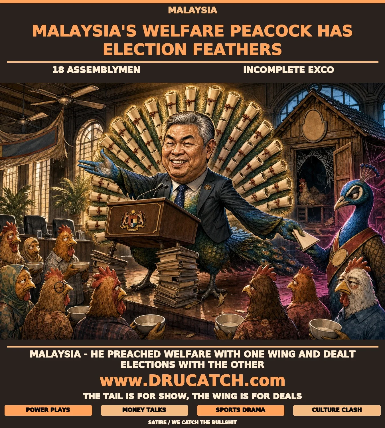 Editorial cartoon of a peacock with Ahmad Zahid Hamidi's caricature face in a deputy PM suit, fanning document-feathers at chickens with empty bowls while secretly passing an election map behind its back