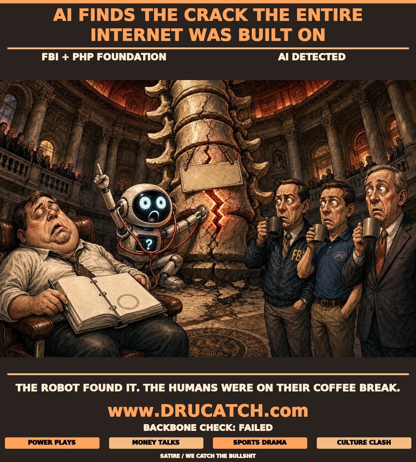 Editorial cartoon: a small AI robot with a stethoscope discovers a glowing crack in a giant spinal column representing the internet's PHP infrastructure, while a human IT auditor sleeps nearby and FBI and corporate figures freeze in horror with coffee cups mid-air