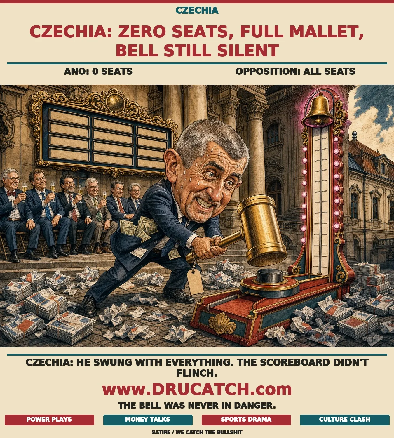 Editorial cartoon of caricature Andrej Babiš slamming a carnival strength-test mallet on the Czech Senate steps while the puck stays at zero and opposition senators toast behind him