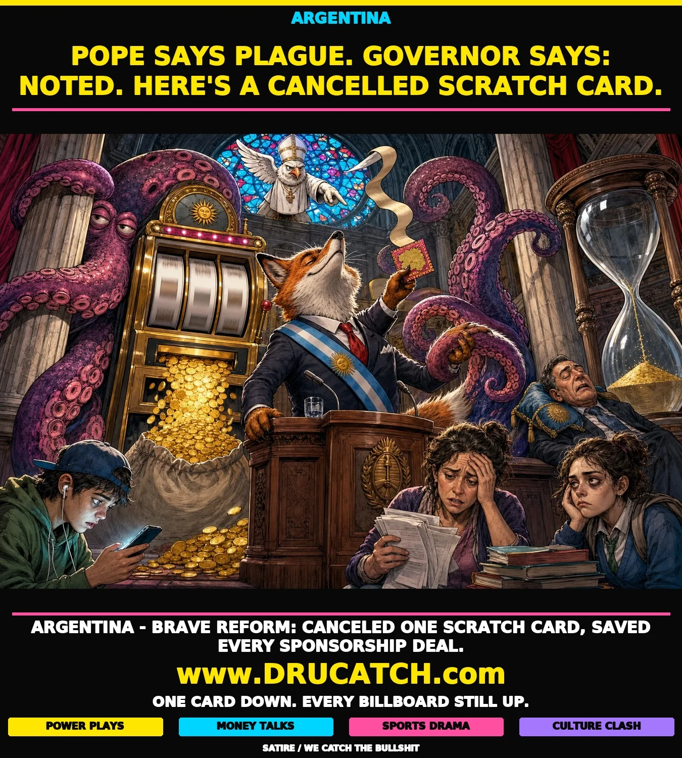 Argentina's Governor Cancels One Scratch Card, Leaves the Casino Running Editorial cartoon caricature: an anthropomorphic governor fox in a suit holds up one scratch card at a podium as his only reform in Argentina, while a cathedral-sized slot machine pours coins into a sponsorship sack behind him, a casino octopus grips the columns, a sleeping senator leans on an almost-empty hourglass, and a papal dove points down accusingly from a stained-glass window overhead.