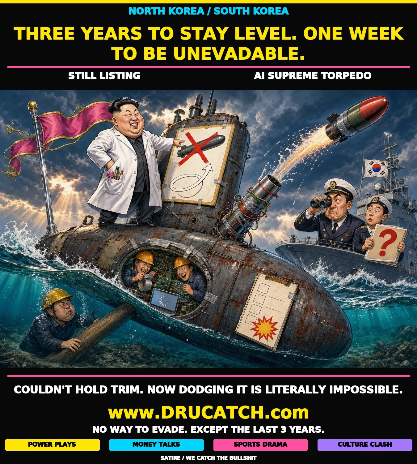 Editorial caricature of Kim Jong-un in a lab coat standing on a listing rust-streaked diesel submarine, pointing at an impossible-to-evade poster while a wooden prop holds the stern level and technicians duct-tape AI circuit boards to torpedo racks below.