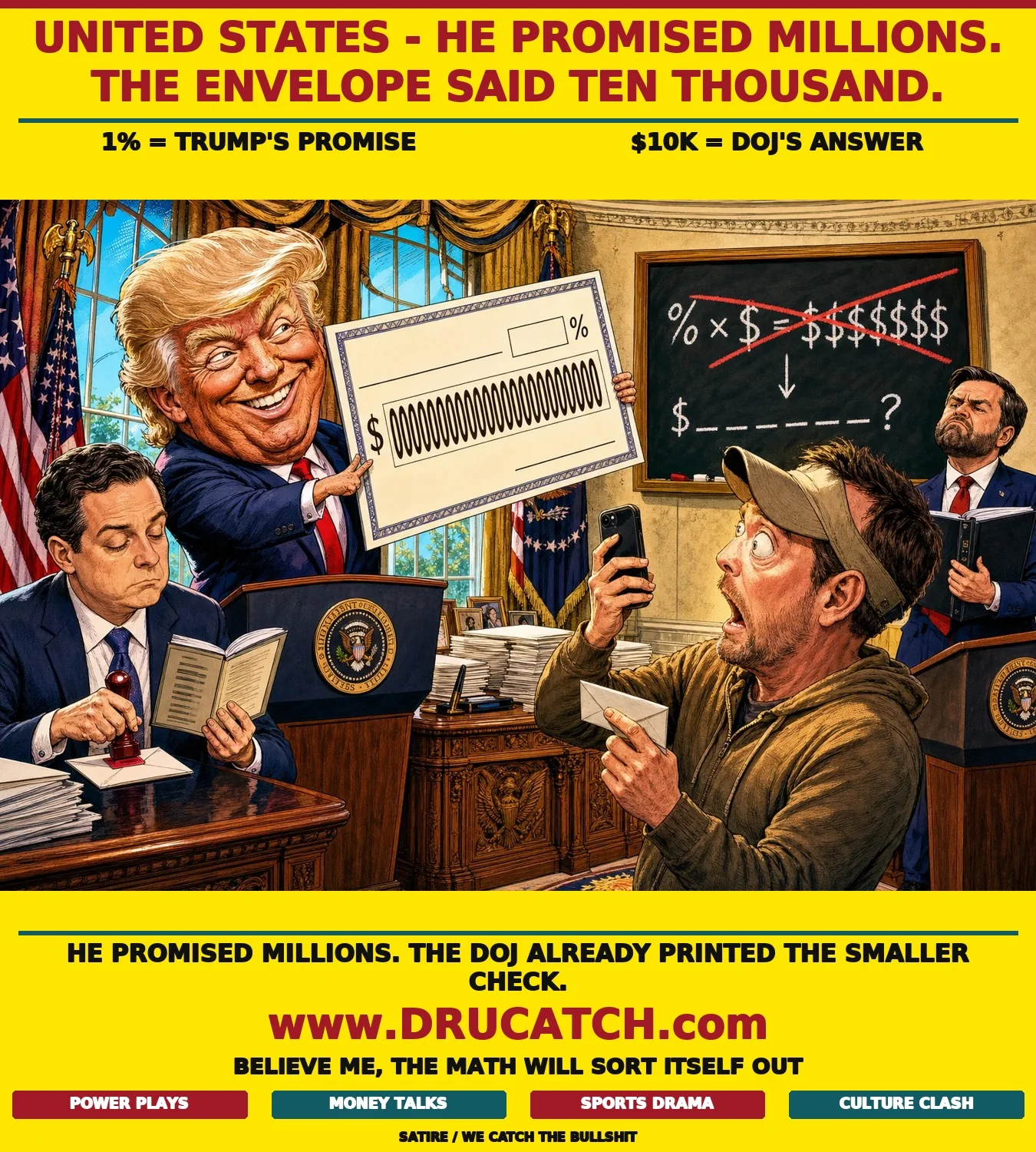 Editorial cartoon of Donald Trump in the Oval Office hoisting a giant novelty commission check while a DOJ clerk beside him quietly rubber-stamps a small fixed-reward envelope, and a YouTuber in a hoodie looks back and forth between the giant check and his own thin payout in visible disbelief.