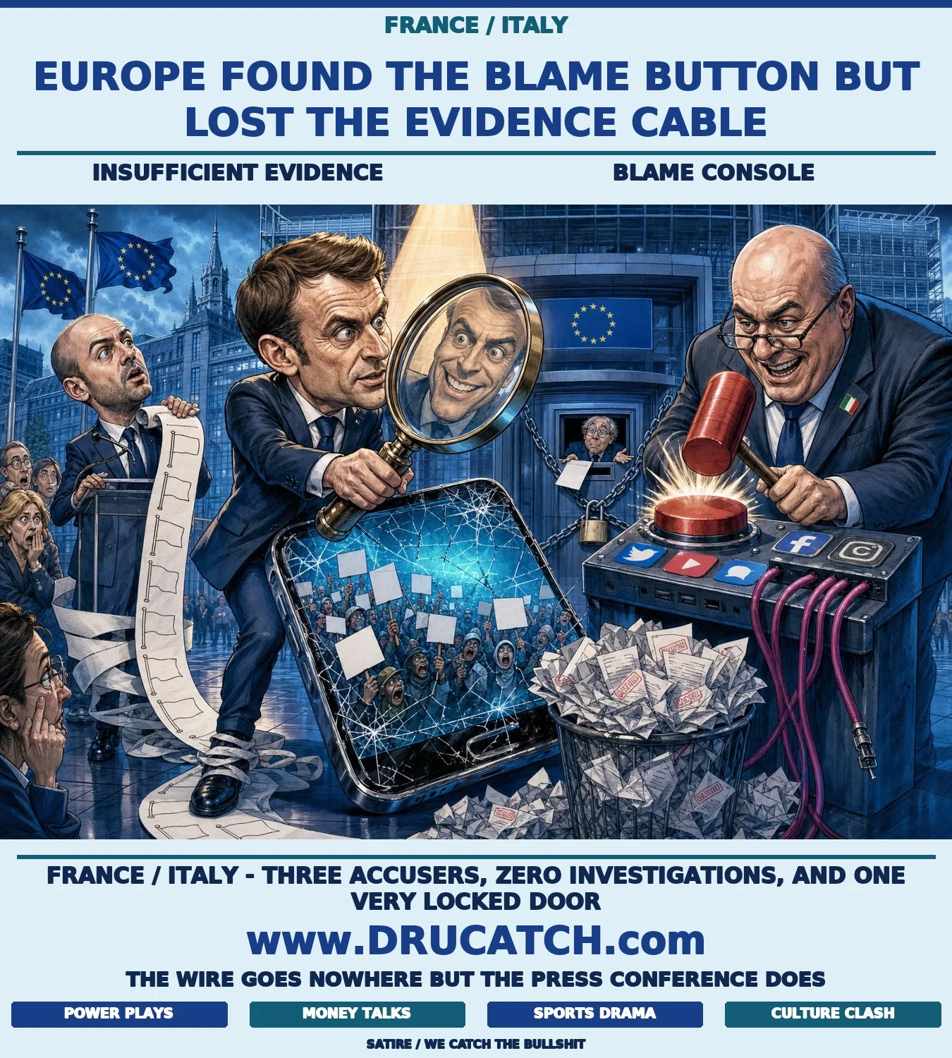 Editorial cartoon of caricatures of Macron, Crosetto, and Barrot pointing blame at a giant smartphone while the European Commission building doors remain chained shut behind them