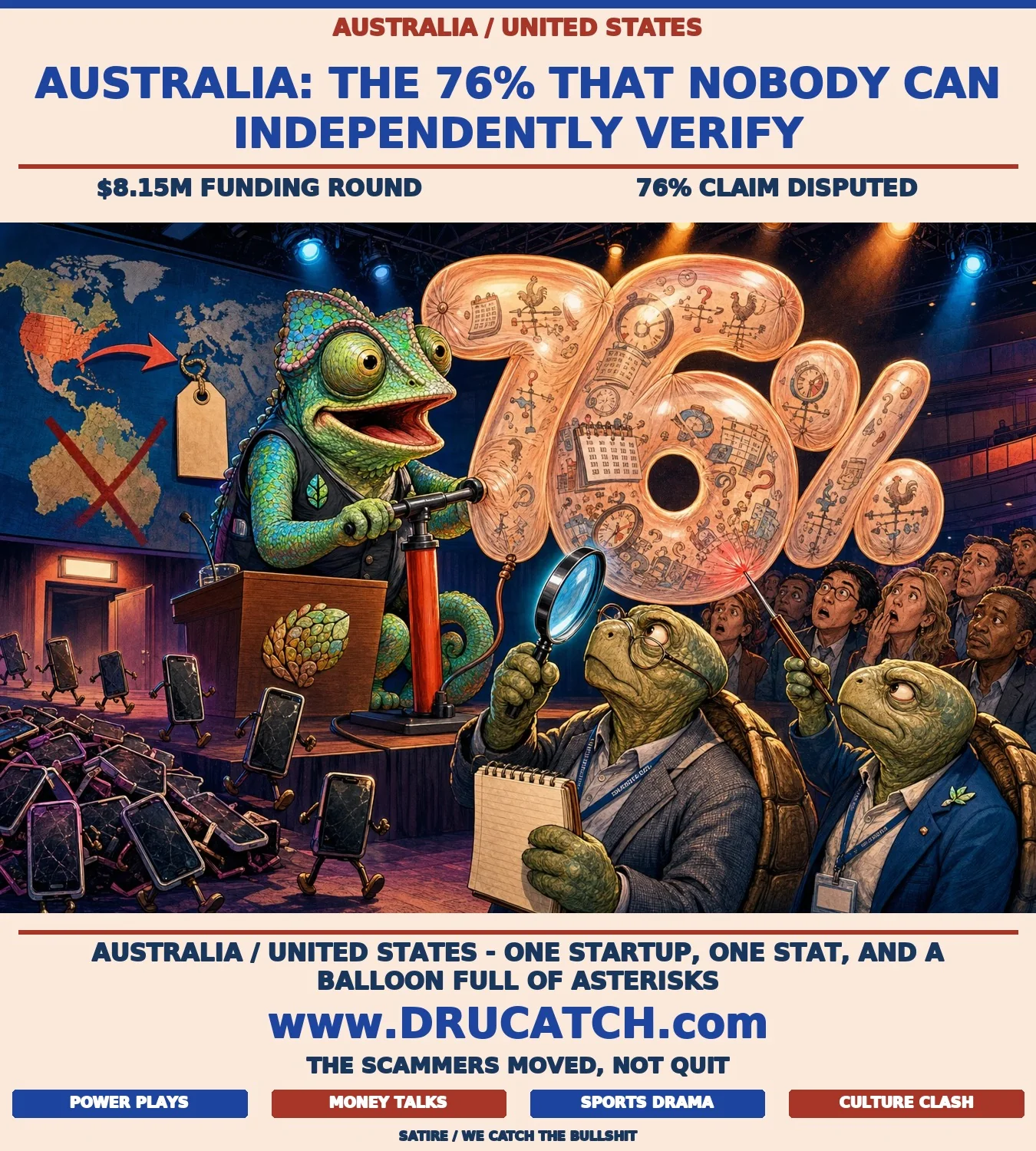 Apate.ai's Inflated Fraud Balloon Editorial cartoon of a caricature chameleon in a tech vest inflating an enormous 76% balloon full of loose variables while two skeptical tortoises examine it with magnifying glass and needle at a conference podium.
