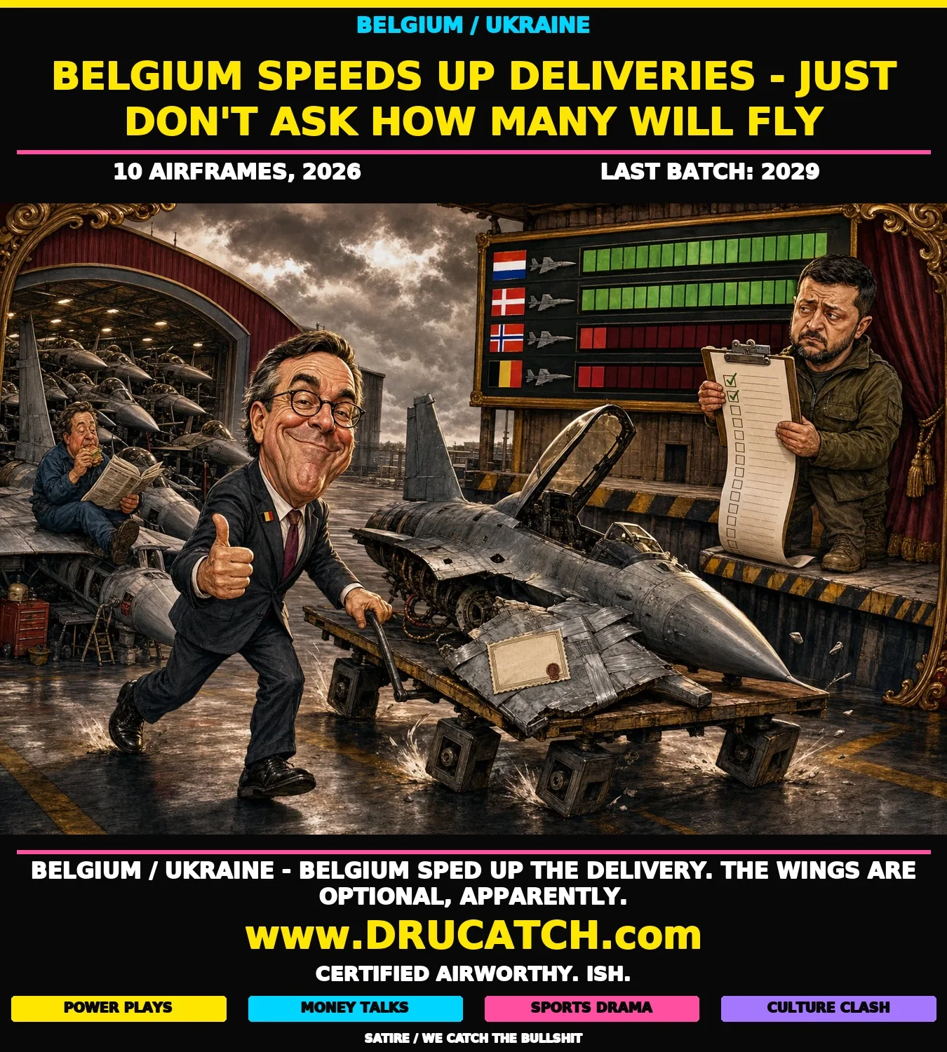 Belgium's F-16 "Acceleration" - Ukraine Gets the Trolley Editorial cartoon of a grinning Belgian official pushing a half-built, duct-taped F-16 on a wobbly square-wheeled trolley toward a weary Zelensky at a loading dock, with an overflowing Sabena repair hangar and a donor scoreboard visible in the background.