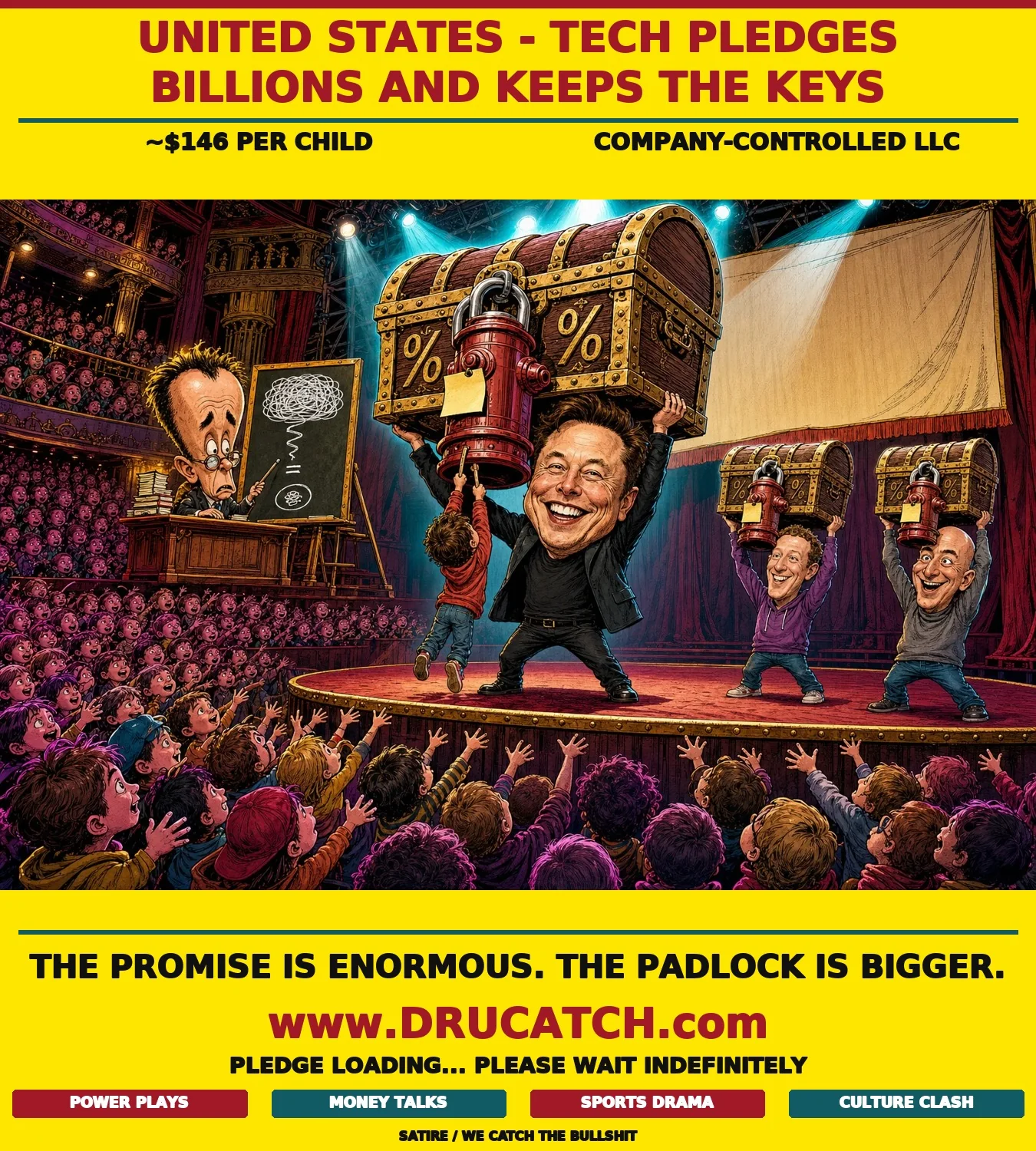 United States - The Billion-Dollar Chest Nobody Can Open Editorial cartoon caricature of Elon Musk hoisting a giant padlocked treasure chest above a crowd of outstretched children's hands, with two other tech CEOs holding their own locked chests nearby and an accountant in the background highlighting the gap between pledged and actual figures.