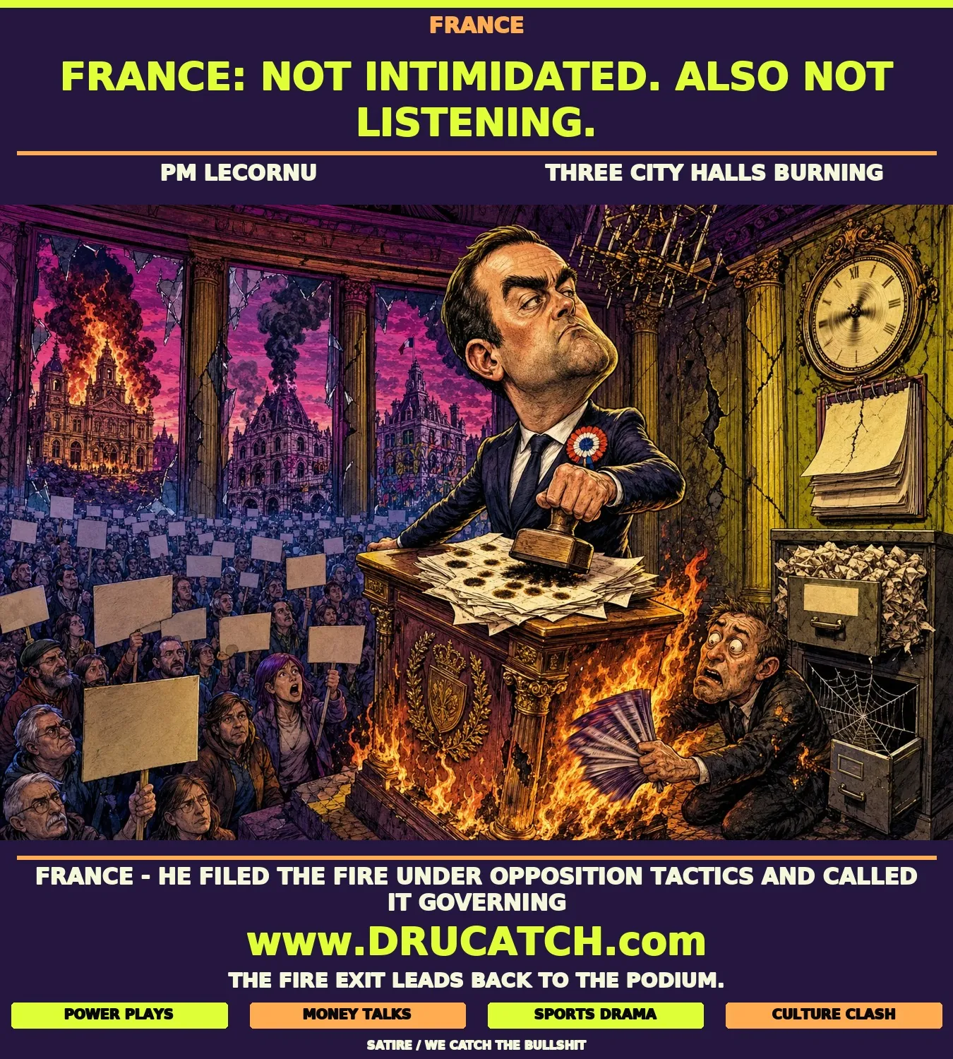 Editorial caricature of French PM Sebastien Lecornu stamping documents at a burning podium while facing away from a massive peaceful crowd, three city halls ablaze on the skyline behind him