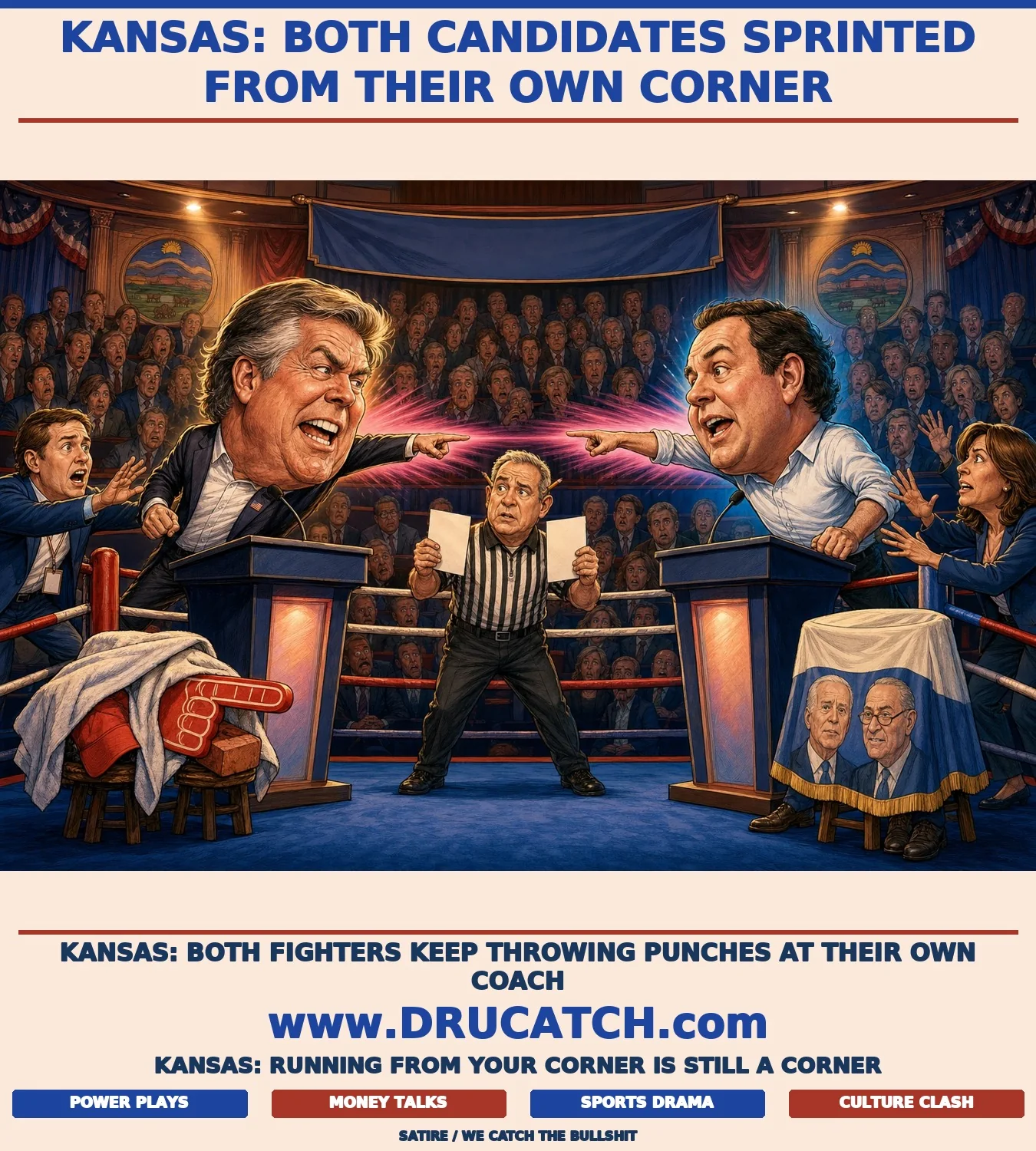 Editorial cartoon: Roger Marshall and Adam Hamilton at debate podiums in a boxing ring, both leaning away from their own party-branded corners while pointing accusingly at each other, as a baffled referee holds two blank scorecards.